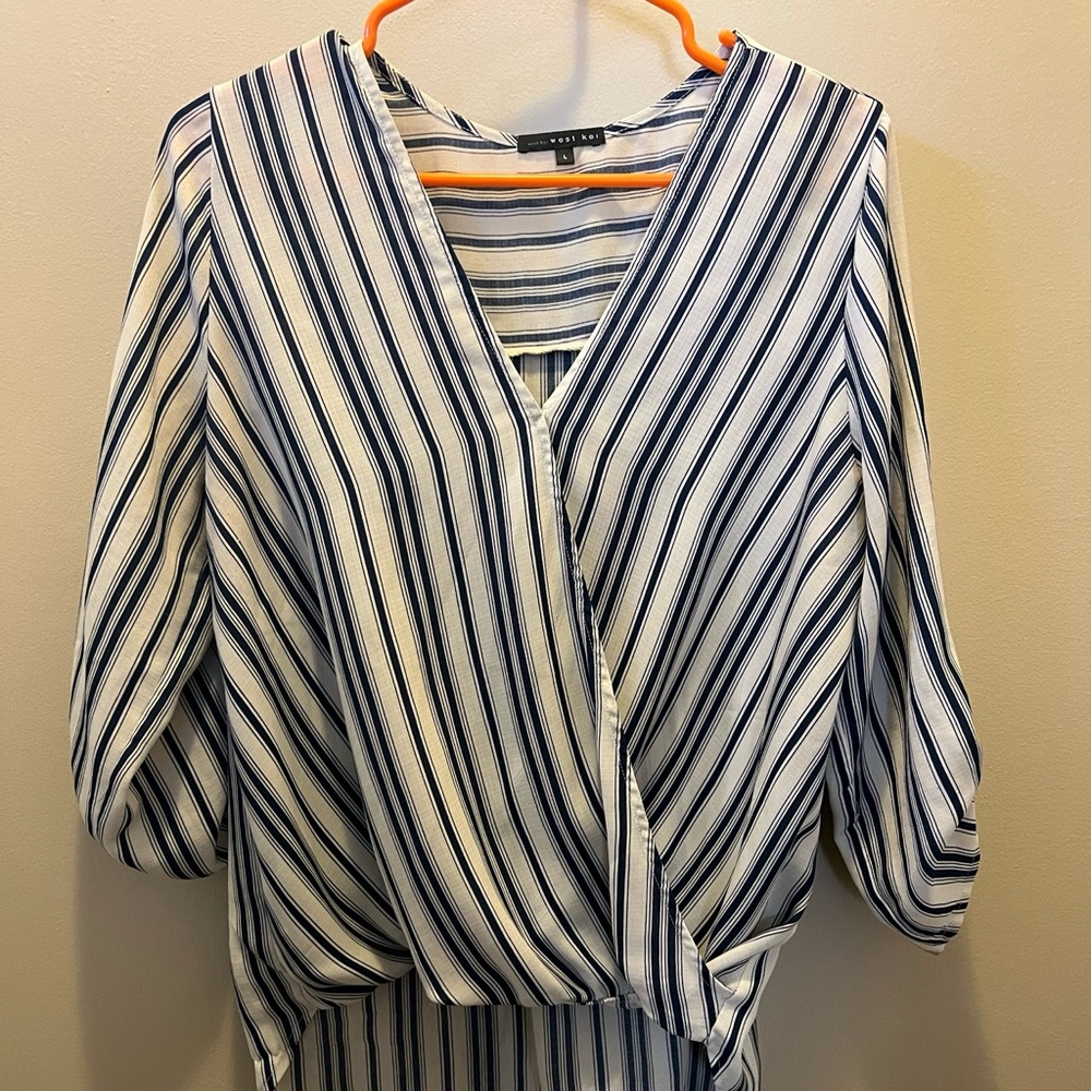 Blue and White Striped Front Tuck Blouse